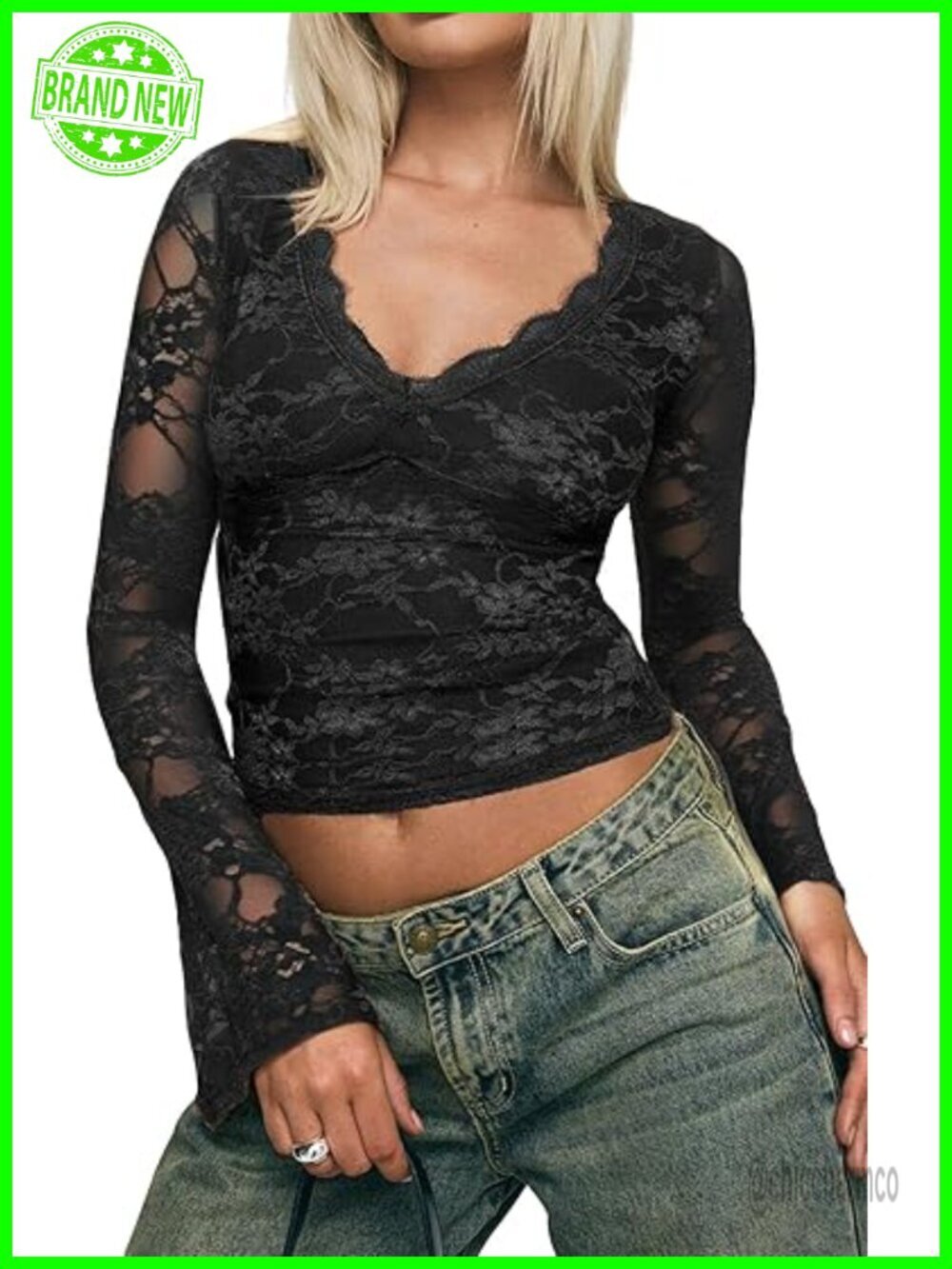 Lace Bell Sleeve Crop Top V-Neck Long Sleeve Double Lined Slim Fit Blouse